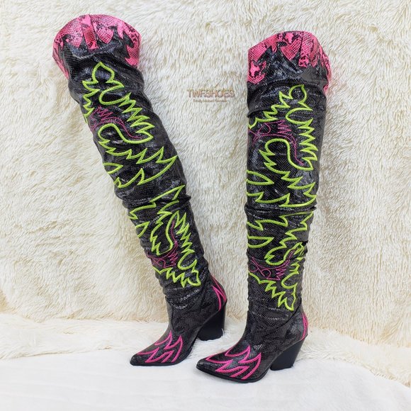 Thigh High Western cowboy slouch boots black neon - Picture 2 of 16